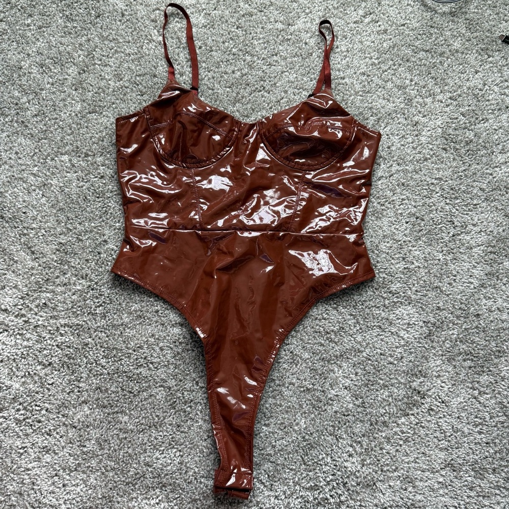 SHEIN Brown Latex Corset Bodysuit